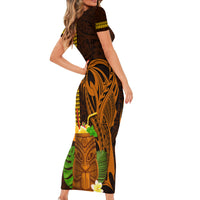 Hawaii Tiki Mask Cocktail Short Sleeve Bodycon Dress Kakau Tattoo LT03 - Polynesian Pride