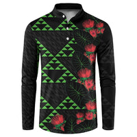 Hawaiian Green Kakau Art Tattoo-Ohia Lehua and Taro Leaves Button Sweatshirt LT03 Black-Green - Polynesian Pride