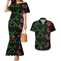 Hawaiian Green Kakau Art Tattoo-Ohia Lehua and Taro Leaves Couples Matching Mermaid Dress and Hawaiian Shirt