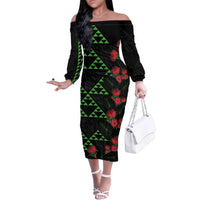 Hawaiian Green Kakau Art Tattoo-Ohia Lehua and Taro Leaves Family Matching Off The Shoulder Long Sleeve Dress and Hawaiian Shirt