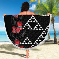 Hawaiian White Kakau Art Tattoo-Ohia Lehua and Taro Leaves Beach Blanket LT03 - Polynesian Pride