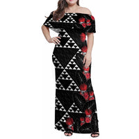 Hawaiian White Kakau Art Tattoo-Ohia Lehua and Taro Leaves Family Matching Off Shoulder Maxi Dress and Hawaiian Shirt