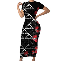 Hawaiian White Kakau Art Tattoo-Ohia Lehua and Taro Leaves Family Matching Short Sleeve Bodycon Dress and Hawaiian Shirt