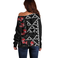 Hawaiian White Kakau Art Tattoo-Ohia Lehua and Taro Leaves Off Shoulder Sweater