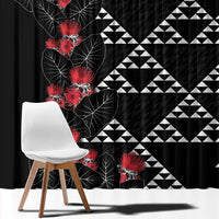Hawaiian White Kakau Art Tattoo-Ohia Lehua and Taro Leaves Window Curtain LT03 - Polynesian Pride