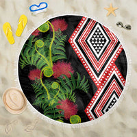Aotearoa Tukutuku Motif Beach Blanket Pohutukawa and Fern Leaves LT03 One Size 150cm Black - Polynesian Pride