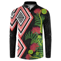Aotearoa Tukutuku Motif Button Sweatshirt Pohutukawa and Fern Leaves LT03 Black - Polynesian Pride