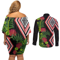 Aotearoa Tukutuku Motif Couples Matching Off Shoulder Short Dress and Long Sleeve Button Shirt Pohutukawa and Fern Leaves