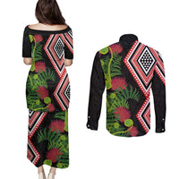 Aotearoa Tukutuku Motif Couples Matching Puletasi and Long Sleeve Button Shirt Pohutukawa and Fern Leaves