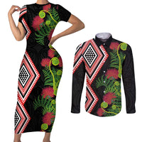 Aotearoa Tukutuku Motif Couples Matching Short Sleeve Bodycon Dress and Long Sleeve Button Shirt Pohutukawa and Fern Leaves