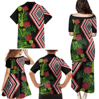 Aotearoa Tukutuku Motif Family Matching Puletasi and Hawaiian Shirt Pohutukawa and Fern Leaves