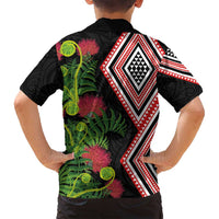 Aotearoa Tukutuku Motif Family Matching Tank Maxi Dress and Hawaiian Shirt Pohutukawa and Fern Leaves