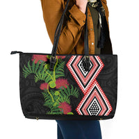 Aotearoa Tukutuku Motif Leather Tote Bag Pohutukawa and Fern Leaves