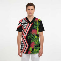 Aotearoa Tukutuku Motif Scrub Top Pohutukawa and Fern Leaves LT03 - Polynesian Pride