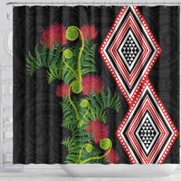 Aotearoa Tukutuku Motif Shower Curtain Pohutukawa and Fern Leaves