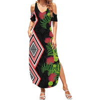 Aotearoa Tukutuku Motif Summer Maxi Dress Pohutukawa and Fern Leaves LT03 Women Black - Polynesian Pride