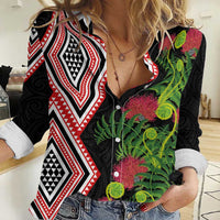 Aotearoa Tukutuku Motif Women Casual Shirt Pohutukawa and Fern Leaves