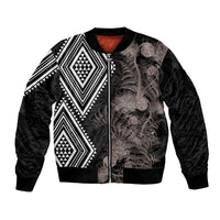 Aotearoa Tukutuku Motif Bomber Jacket Pohutukawa and Fern Leaves Grayscale Color