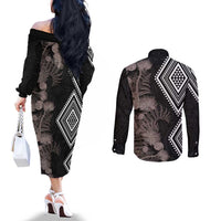 Aotearoa Tukutuku Motif Couples Matching Off The Shoulder Long Sleeve Dress and Long Sleeve Button Shirt Pohutukawa and Fern Leaves Grayscale Color