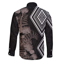 Aotearoa Tukutuku Motif Family Matching Puletasi and Hawaiian Shirt Pohutukawa and Fern Leaves Grayscale Color