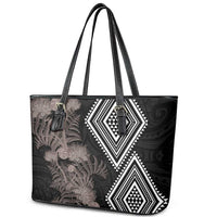 Aotearoa Tukutuku Motif Leather Tote Bag Pohutukawa and Fern Leaves Grayscale Color