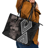 Aotearoa Tukutuku Motif Leather Tote Bag Pohutukawa and Fern Leaves Grayscale Color