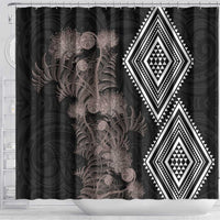 Aotearoa Tukutuku Motif Shower Curtain Pohutukawa and Fern Leaves Grayscale Color