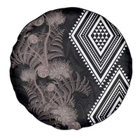 Aotearoa Tukutuku Motif Spare Tire Cover Pohutukawa and Fern Leaves Grayscale Color