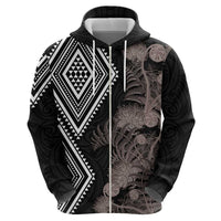 Aotearoa Tukutuku Motif Zip Hoodie Pohutukawa and Fern Leaves Grayscale Color