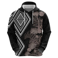 Aotearoa Tukutuku Motif Zip Hoodie Pohutukawa and Fern Leaves Grayscale Color