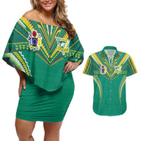 Custom Cook Islands Rugby Couples Matching Off Shoulder Short Dress and Hawaiian Shirt Tatau Art Sport Style Green Color