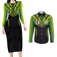 Custom Cook Islands Rugby Couples Matching Long Sleeve Bodycon Dress and Long Sleeve Button Shirt Tatau Art Sport Style Black Color
