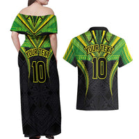 Custom Cook Islands Rugby Couples Matching Off Shoulder Maxi Dress and Hawaiian Shirt Tatau Art Sport Style Black Color