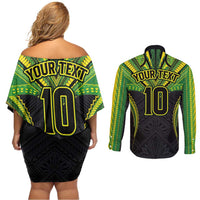Custom Cook Islands Rugby Couples Matching Off Shoulder Short Dress and Long Sleeve Button Shirt Tatau Art Sport Style Black Color