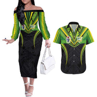 Custom Cook Islands Rugby Couples Matching Off The Shoulder Long Sleeve Dress and Hawaiian Shirt Tatau Art Sport Style Black Color