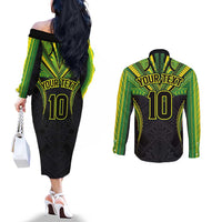 Custom Cook Islands Rugby Couples Matching Off The Shoulder Long Sleeve Dress and Long Sleeve Button Shirt Tatau Art Sport Style Black Color