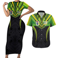 Custom Cook Islands Rugby Couples Matching Short Sleeve Bodycon Dress and Hawaiian Shirt Tatau Art Sport Style Black Color