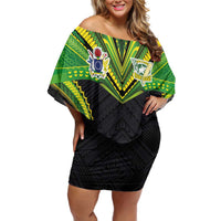 Custom Cook Islands Rugby Family Matching Off Shoulder Short Dress and Hawaiian Shirt Tatau Art Sport Style Black Color