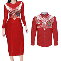 Custom Tonga Rugby Couples Matching Long Sleeve Bodycon Dress and Long Sleeve Button Shirt Ngatu Motifs and Pacific Patterns LT03 Red - Polynesian Pride