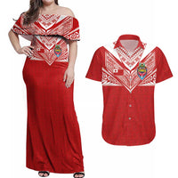 Custom Tonga Rugby Couples Matching Off Shoulder Maxi Dress and Hawaiian Shirt Ngatu Motifs and Pacific Patterns LT03 Red - Polynesian Pride