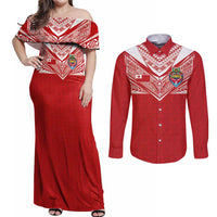 Custom Tonga Rugby Couples Matching Off Shoulder Maxi Dress and Long Sleeve Button Shirt Ngatu Motifs and Pacific Patterns LT03 Red - Polynesian Pride