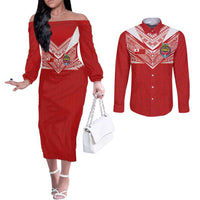 Custom Tonga Rugby Couples Matching Off The Shoulder Long Sleeve Dress and Long Sleeve Button Shirt Ngatu Motifs and Pacific Patterns LT03 Red - Polynesian Pride