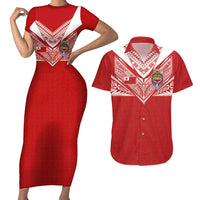 Custom Tonga Rugby Couples Matching Short Sleeve Bodycon Dress and Hawaiian Shirt Ngatu Motifs and Pacific Patterns LT03 Red - Polynesian Pride
