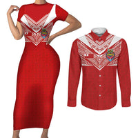 Custom Tonga Rugby Couples Matching Short Sleeve Bodycon Dress and Long Sleeve Button Shirt Ngatu Motifs and Pacific Patterns LT03 Red - Polynesian Pride