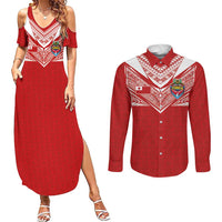 Custom Tonga Rugby Couples Matching Summer Maxi Dress and Long Sleeve Button Shirt Ngatu Motifs and Pacific Patterns LT03 Red - Polynesian Pride