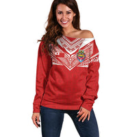 Custom Tonga Rugby Off Shoulder Sweater Ngatu Motifs and Pacific Patterns LT03 Women Red - Polynesian Pride