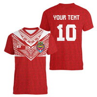 Custom Tonga Rugby Women V-Neck T-Shirt Ngatu Motifs and Pacific Patterns