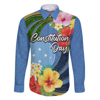 Micronesia Constitution Day Family Matching Off Shoulder Short Dress and Hawaiian Shirt Hibiscus and Tapa Tribal Pattern LT03 Dad's Shirt - Long Sleeve Blue - Polynesian Pride