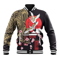 Japanese Culture and Hawaiian Tribal Baseball Jacket Sakura Blossom Tapa Pattern LT03 Unisex Black - Polynesian Pride