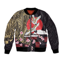 Japanese Culture and Hawaiian Tribal Bomber Jacket Sakura Blossom Tapa Pattern LT03 Unisex Black - Polynesian Pride